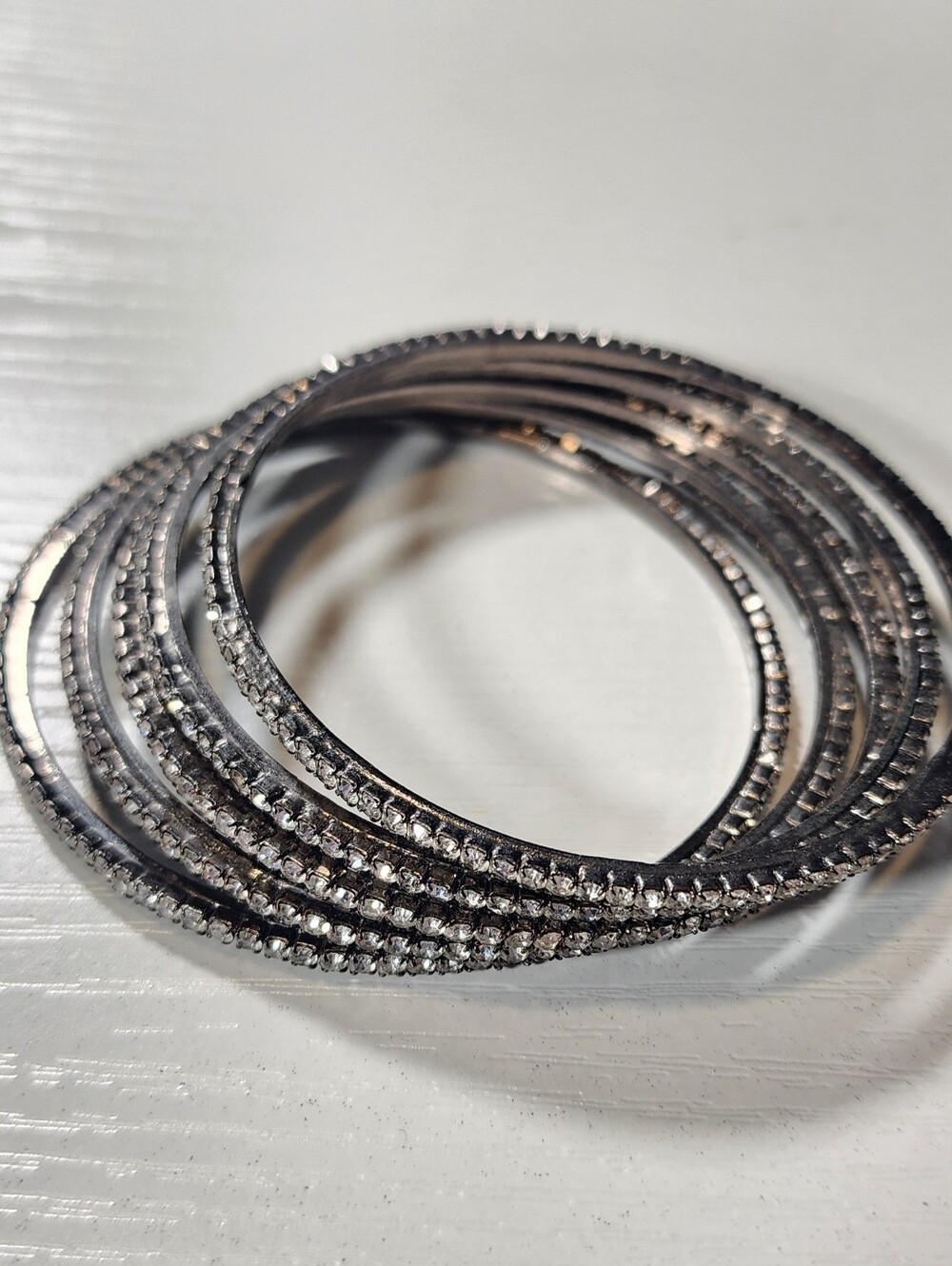 5-Piece Rhinestone Bangle Bracelet Stack – Silver Tone Gunmetal Sparkle.
